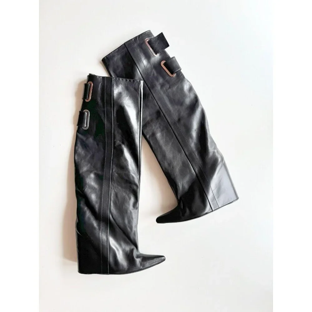BALENCIAGA Astrogirl Black Leather TK Over The Knee Tall Wedge Boots, Size 39.5 - Picture 2 of 16